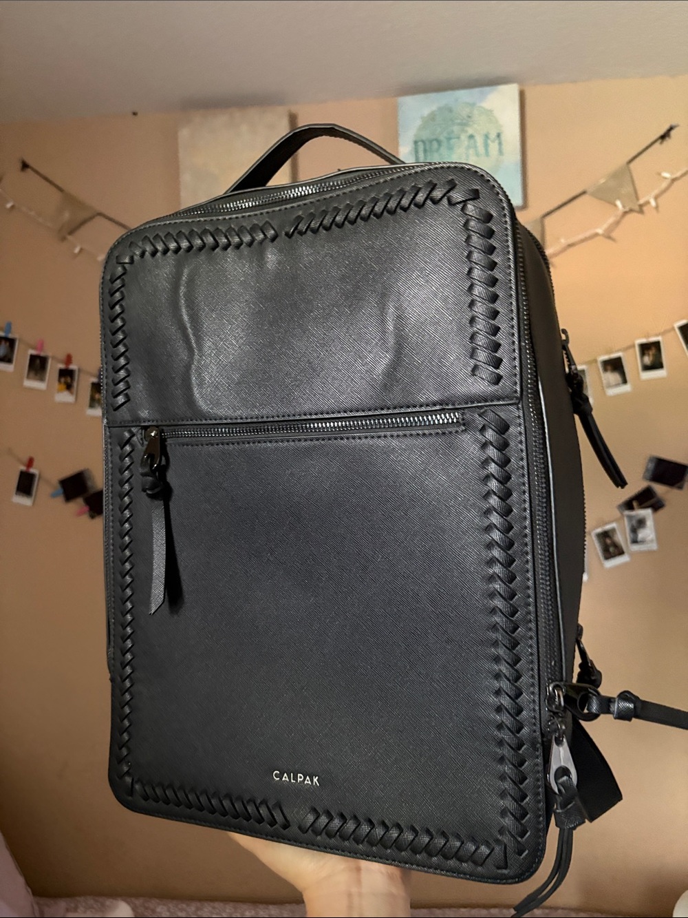 Calpak Black Faux-Leather Backpack with Braided Trim